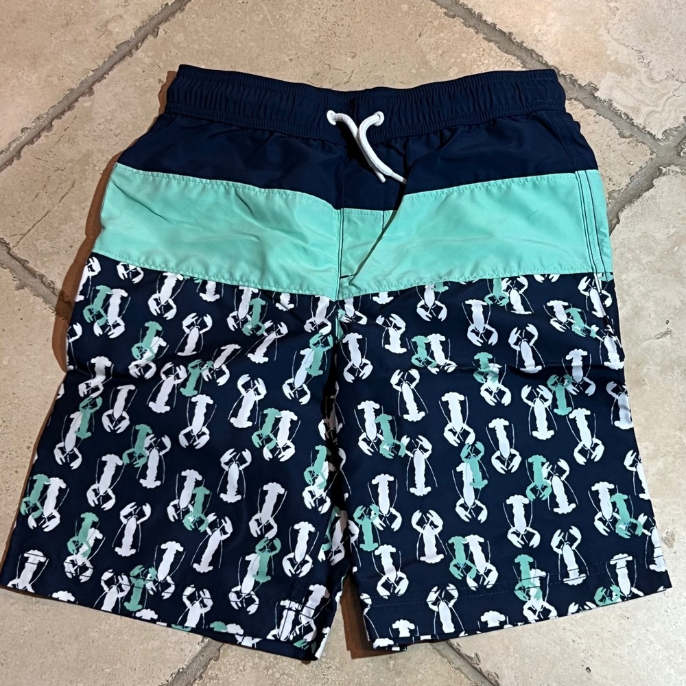 Lands End Boys Swim Trunks Size M 10-12 Navy Lobster Shorts Elastic Waist NEW